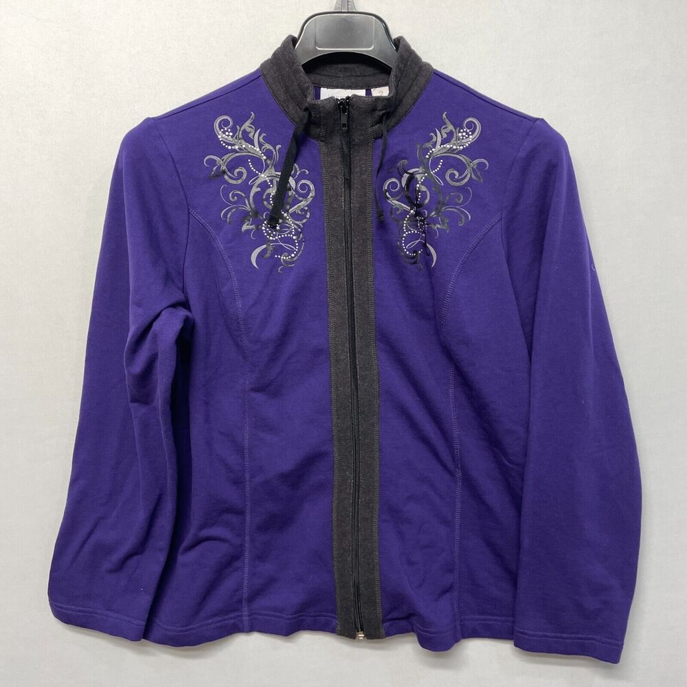 Weekends by Chico's Women Full Zip Jacket Size 2 Purple Floral Artsy M281 -17
